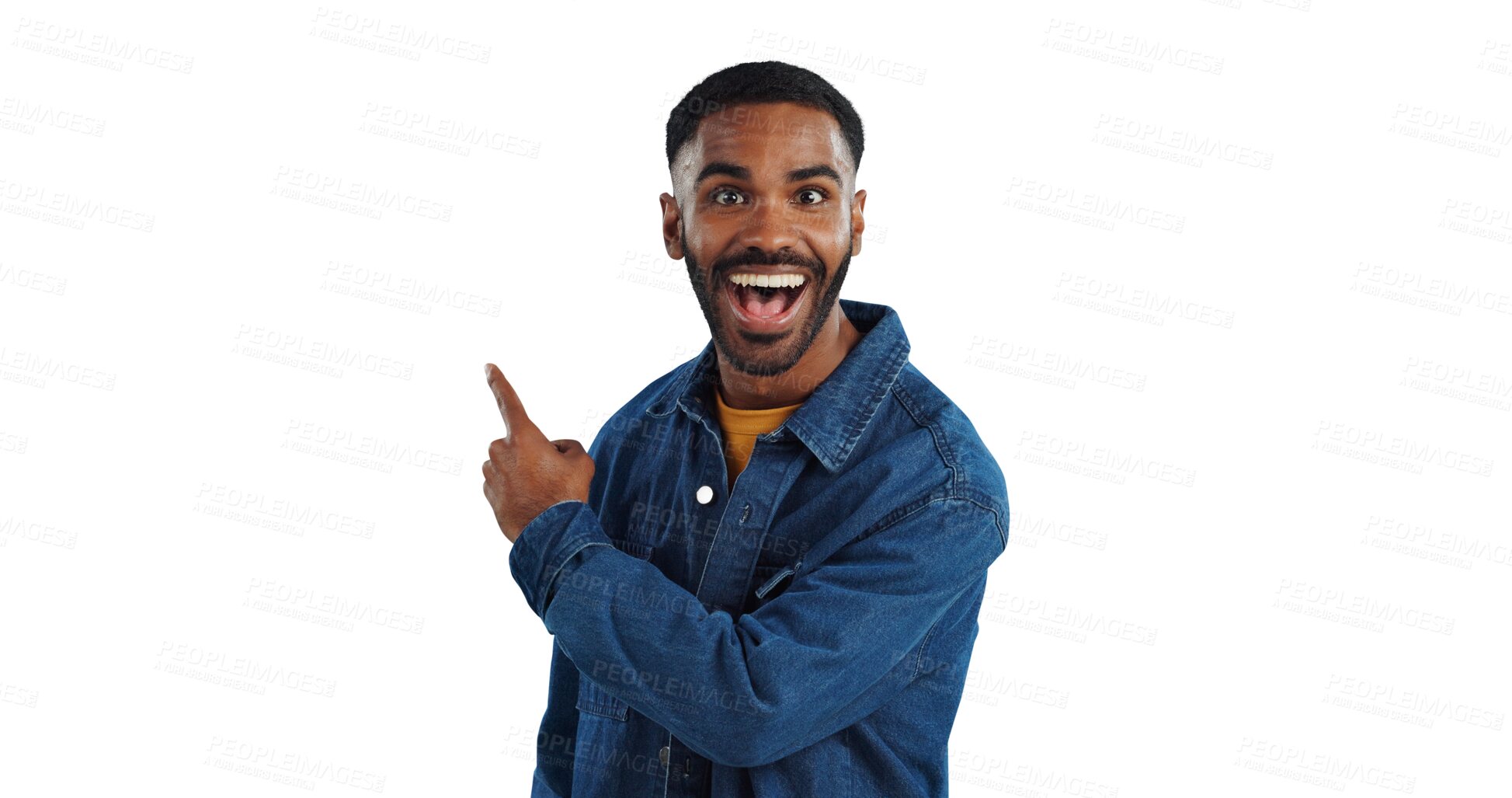 Buy stock photo Happy man, portrait and pointing with surprise for advertising or marketing on a transparent PNG background. Excited, smile or young male person showing notification, deal or alert for amazing offer
