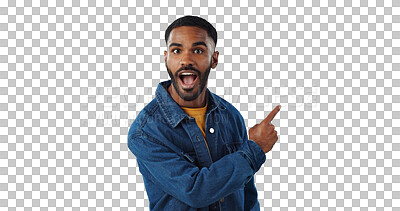 Buy stock photo Black man, surprise and portrait with hand pointing with shock from advertisement and news. Wow and male person with modern fashion and clothes with info isolated on a transparent, png background