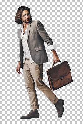 Buy stock photo Isolated man, leather bag and style with looking for vintage fashion on travel by transparent png background. Person, luggage and retro clothes with vision, thinking and remember with trendy glasses