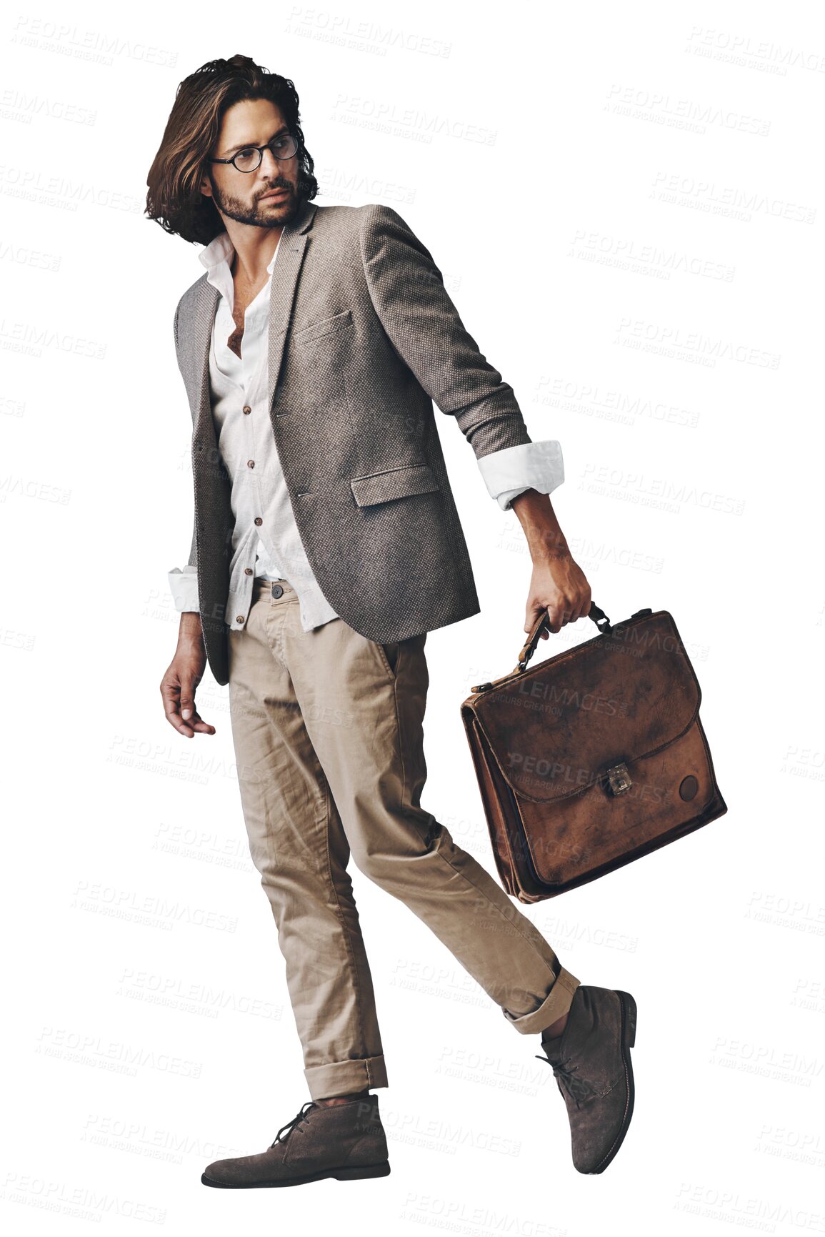 Buy stock photo Isolated man, leather bag and style with looking for vintage fashion on travel by transparent png background. Person, luggage and retro clothes with vision, thinking and remember with trendy glasses