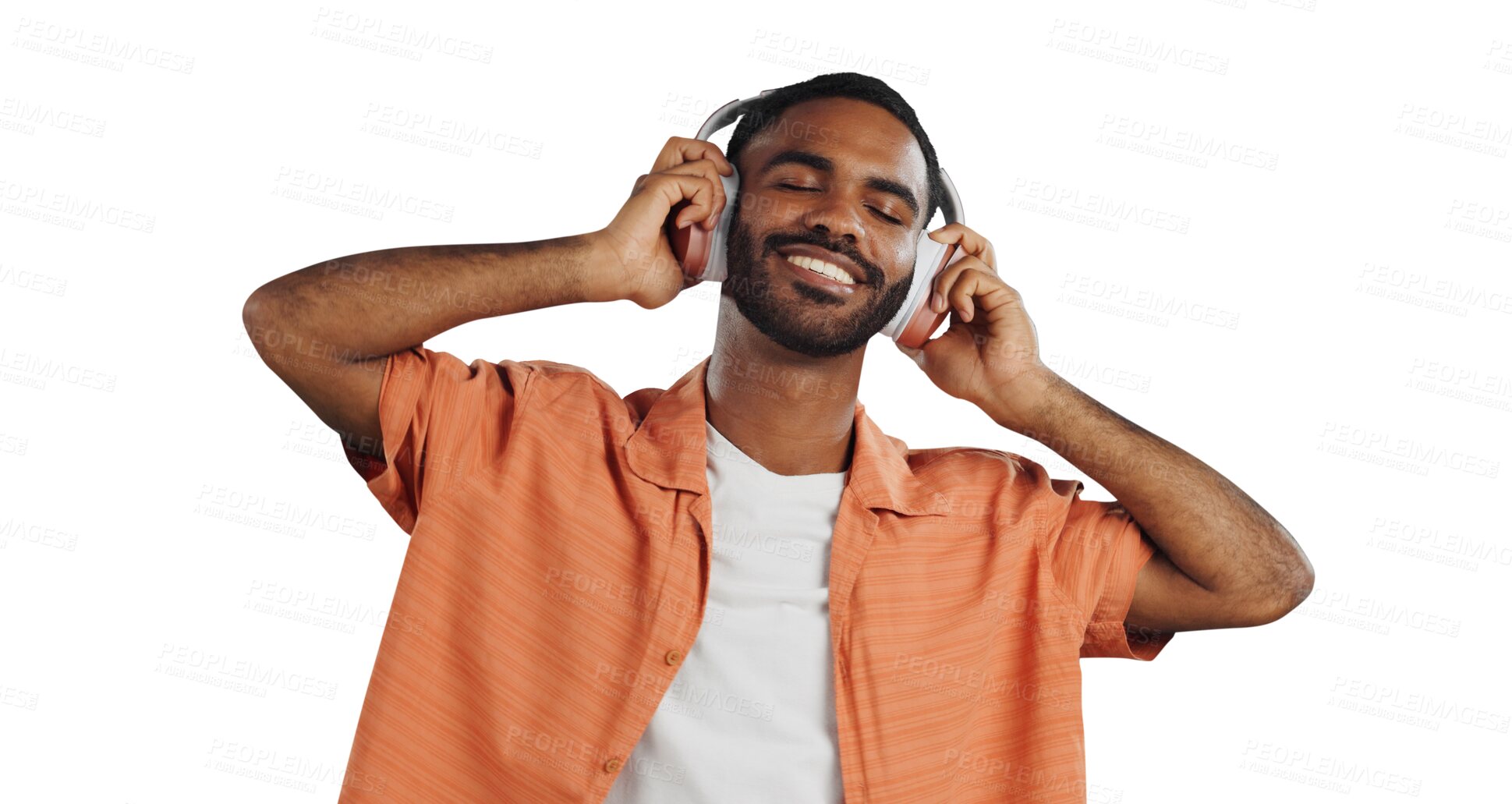 Buy stock photo Isolated African man, headphones and smile to listen to music with streaming by transparent png background. Person, audio and happy with sound tech for hearing, radio or subscription with eyes closed