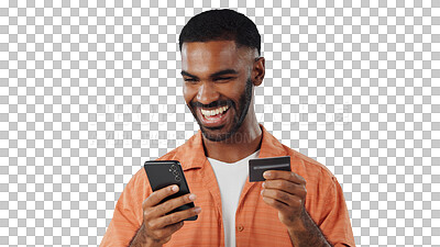 Buy stock photo Happy man, phone and credit card with banking app for online shopping or payment on a transparent PNG background. Excited male person with smile on mobile smartphone for ecommerce or transaction