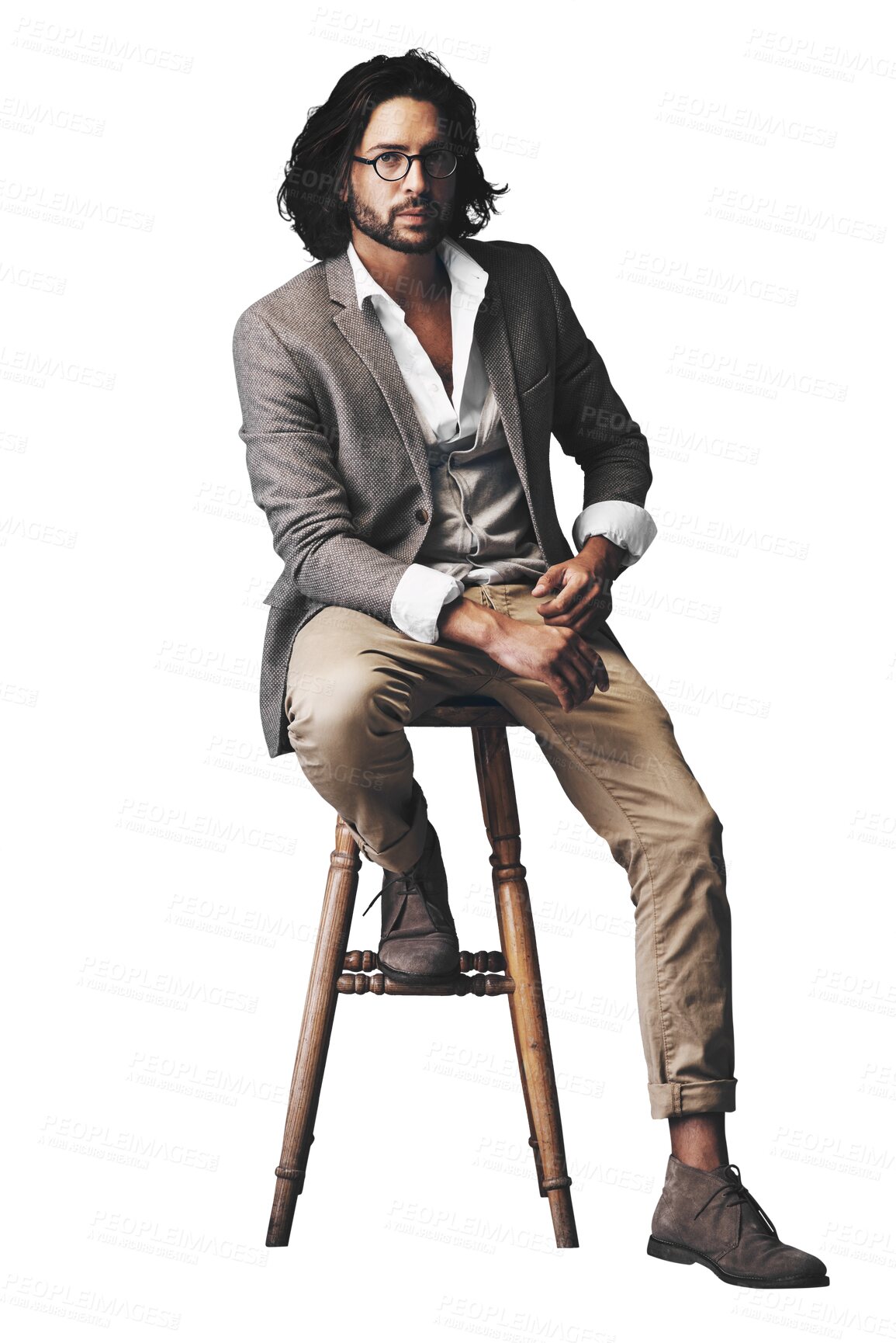 Buy stock photo Chair, fashion and portrait of business man on isolated, PNG and transparent background. Professional, serious attitude and person sitting in trendy clothes, stylish outfit and confident for career