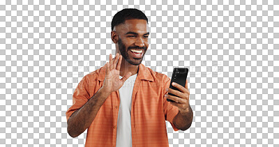 Buy stock photo Isolated black man, phone and smile on video call with wave, hello and contact by transparent png background. Person, smartphone and happy for communication, live streaming or app for social network