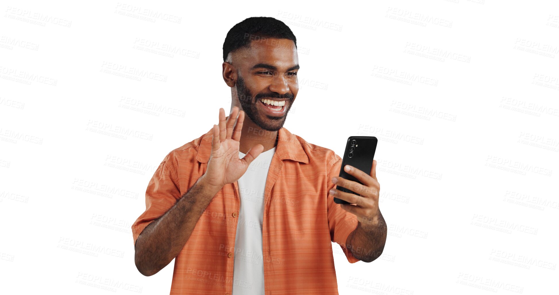 Buy stock photo Isolated black man, phone and smile on video call with wave, hello and contact by transparent png background. Person, smartphone and happy for communication, live streaming or app for social network