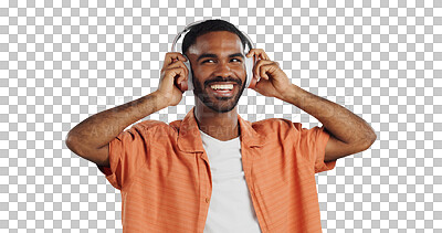 Buy stock photo Isolated African man, headphones and happy to listen to music with streaming by transparent png background. Person, audio and smile with sound tech for hearing, radio or subscription for song choice