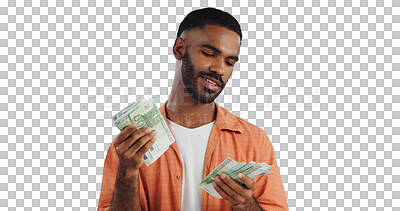 Buy stock photo Man, money and counting cash with finance for profit, salary or financial freedom on a transparent PNG background. Young male person with paper bills, currency or growth for investment or savings