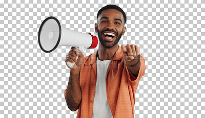 Buy stock photo Happy man, portrait and pointing to you with megaphone for announcement or choice on a transparent PNG background. Male person with smile, loudspeaker or bullhorn for selection, pick or decision