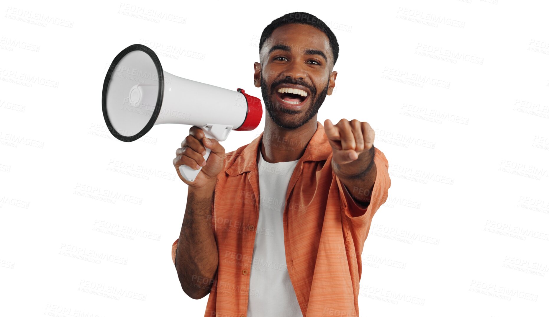 Buy stock photo Happy man, portrait and pointing to you with megaphone for announcement or choice on a transparent PNG background. Male person with smile, loudspeaker or bullhorn for selection, pick or decision