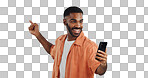 Happy, face and man with phone in hand pointing in studio for news, smartphone presentation or platform offer on blue background. Smile, portrait and male model show promo, launch or space for coming soon announcement
