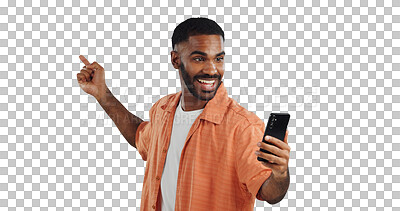 Buy stock photo Isolated African man, phone and video call with smile, hello and point on vlog by transparent png background. Person, smartphone and happy for communication, live streaming or app for social network