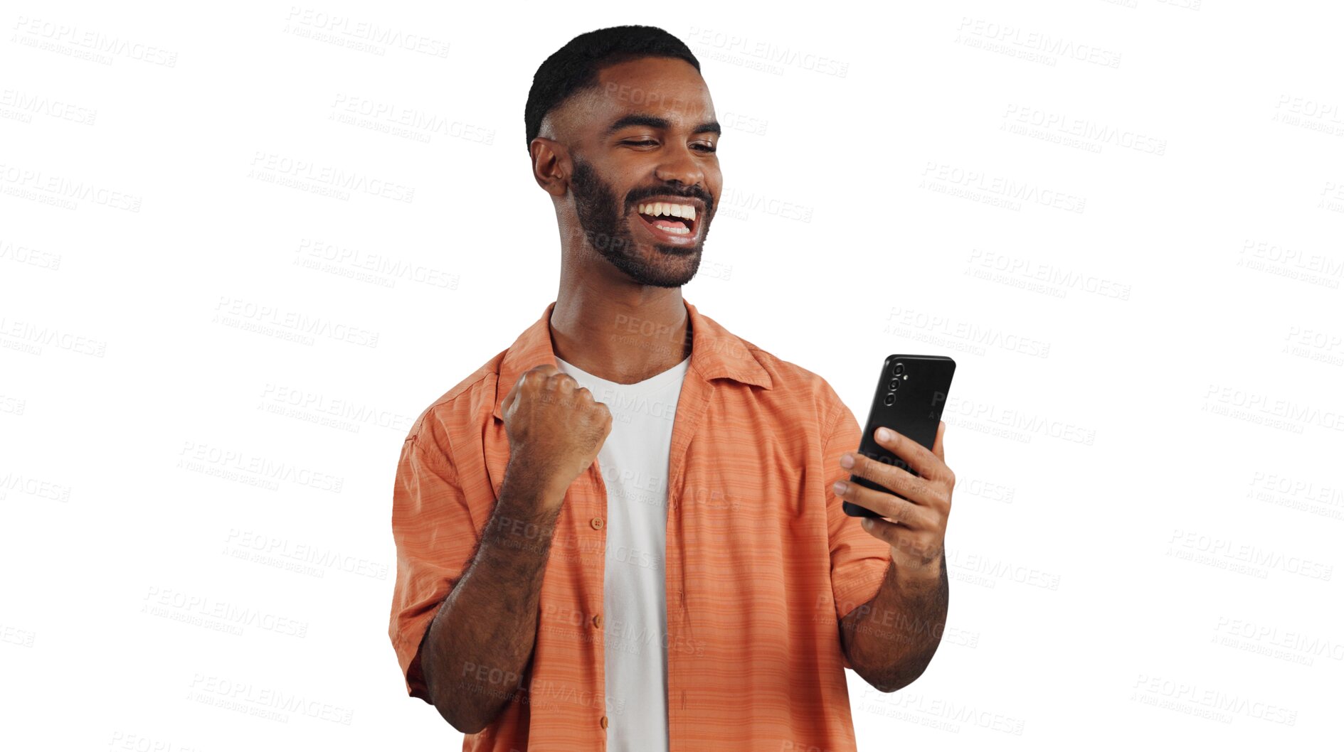 Buy stock photo Happy man, phone and fist pump with good news in celebration for winning or success on a transparent PNG background. Excited male person with smile on mobile smartphone for amazing deal or promotion