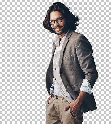 Buy stock photo Isolated man, fashion and smile in suit with vintage style, glasses and confident by transparent png background. Person, hipster or portrait in clothes with pride, happy and retro outfit in Turkey