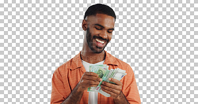 Buy stock photo Happy man, money and counting cash with finance for profit, salary or financial freedom on a transparent PNG background. Young male person smile with paper bills, currency or savings for investment