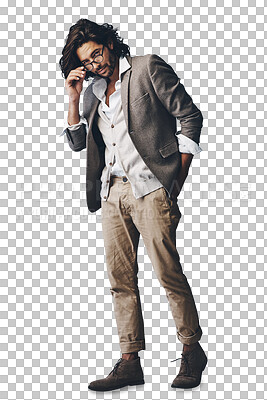 Buy stock photo Isolated man, suit and glasses for hipster style, pride and portrait by transparent png background. Person, edgy and model in vintage clothes for confidence, spectacles and fashion in Istanbul