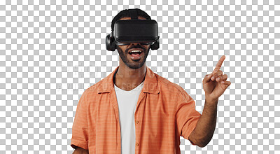Buy stock photo African man, virtual reality glasses and point with finger, click or isolated in futuristic ui by transparent png background. Person, AR goggles and smile for 3D user experience in metaverse with app