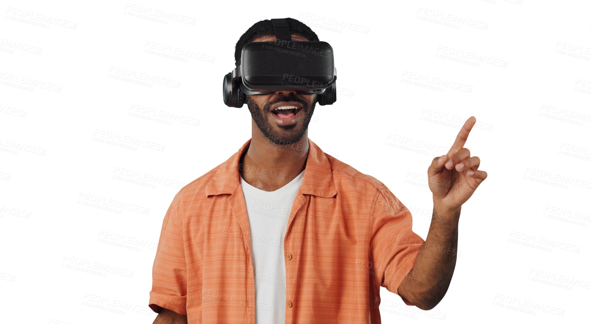 Buy stock photo African man, virtual reality glasses and point with finger, click or isolated in futuristic ui by transparent png background. Person, AR goggles and smile for 3D user experience in metaverse with app