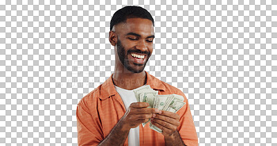 Buy stock photo Happy man, finance and counting money with cash for profit, salary or financial freedom on a transparent PNG background. Young male person smile with paper bills, currency or savings for investment