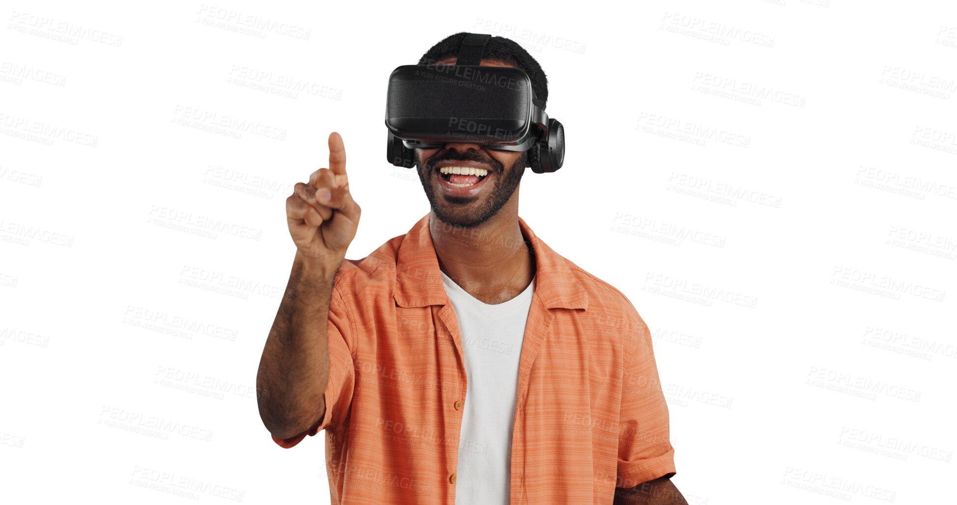 Buy stock photo Isolated African man, virtual reality glasses and happy with finger, click or futuristic ui by transparent png background. Person, AR goggles and smile with 3D user experience in metaverse with hand