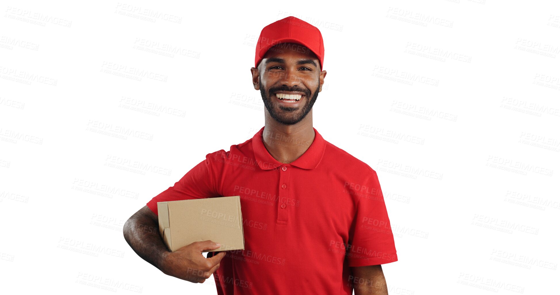 Buy stock photo Happy man, portrait and box with delivery for order, logistics or shipping on a transparent PNG background. Male person, professional or courier guy with smile, hat and parcel for online package