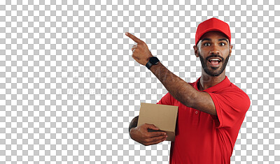 Buy stock photo Surprised man, portrait and pointing with box for delivery, advertising or marketing on a transparent PNG background. Male person or courier guy with hat in shock for showing deal, service or list