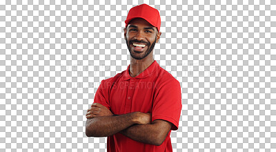 Buy stock photo Portrait, happy or professional delivery man with hat in confidence for transport service on a transparent PNG background. Isolated male person or courier guy with smile for satisfaction in logistics