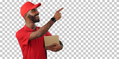 Buy stock photo Happy man, pointing and box with delivery for advertising, marketing or logistics on a transparent PNG background. Male person or courier guy with smile, hat and showing deal, notification or service