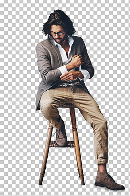 Buy stock photo Isolated man, stool and fashion with suit for idea, ready or memory by transparent png background. Person, hipster or model for choice with thinking, wood chair or glasses in retro clothes in Turkey