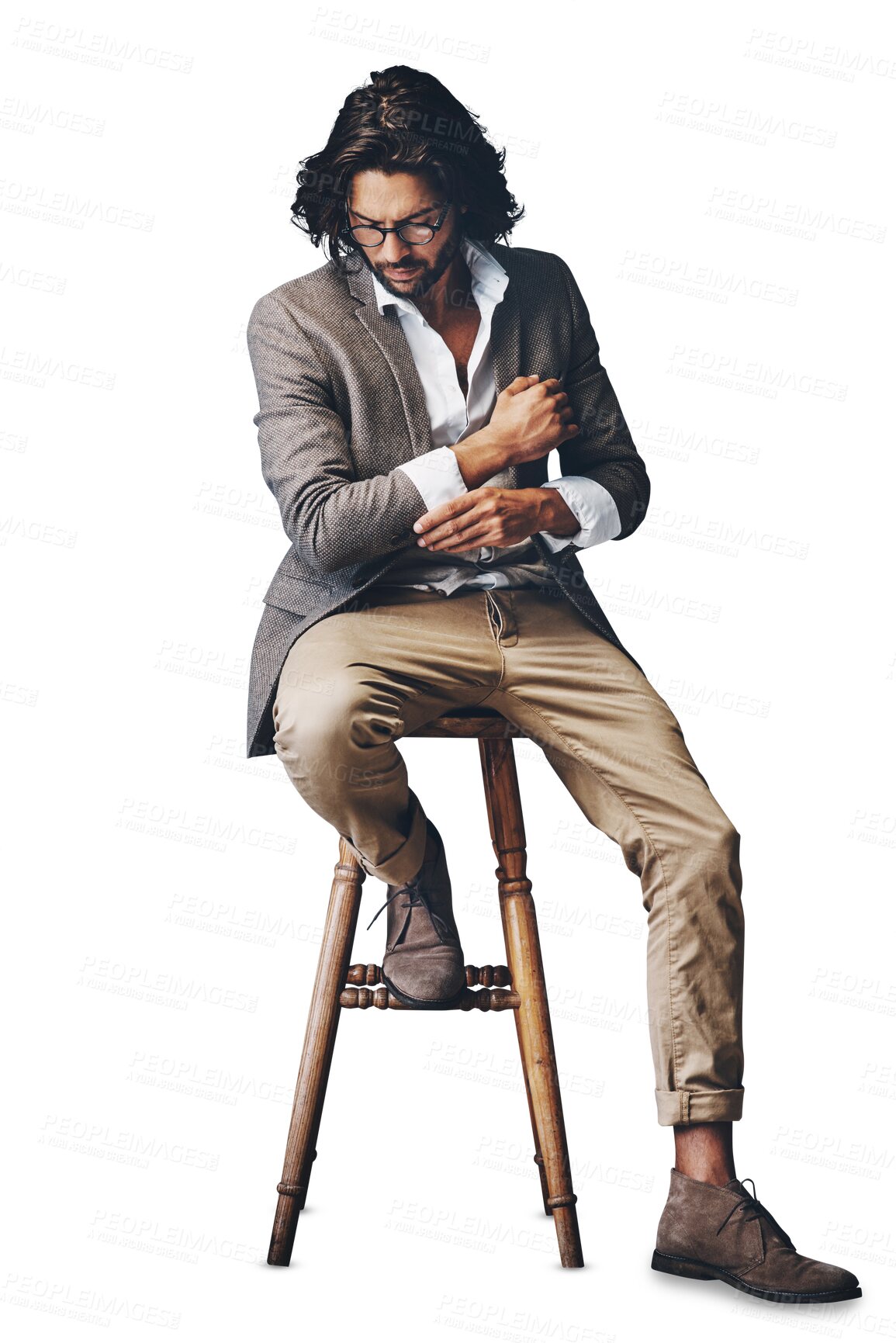 Buy stock photo Isolated man, stool and fashion with suit for idea, ready or memory by transparent png background. Person, hipster or model for choice with thinking, wood chair or glasses in retro clothes in Turkey