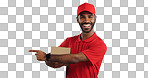 Advertising studio smile, delivery man and point at supply chain commercial, discount export info or distribution schedule. Courier service deal, mockup space and portrait person on blue background
