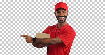 Buy stock photo Happy man, portrait and pointing with box for delivery, advertising or marketing on a transparent PNG background. Male person or courier guy with smile, hat and showing deal or service in logistics