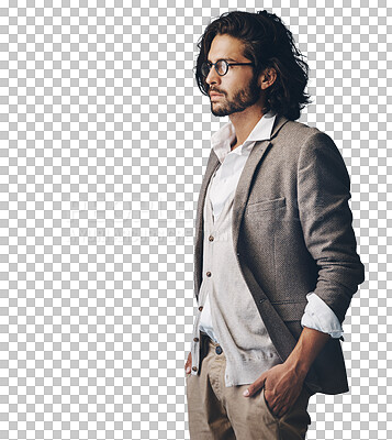 Buy stock photo Fashion, thinking and profile of business man with ideas on isolated, PNG and transparent background. Professional, thought and person for decision, choice and option in style, trendy suit or clothes
