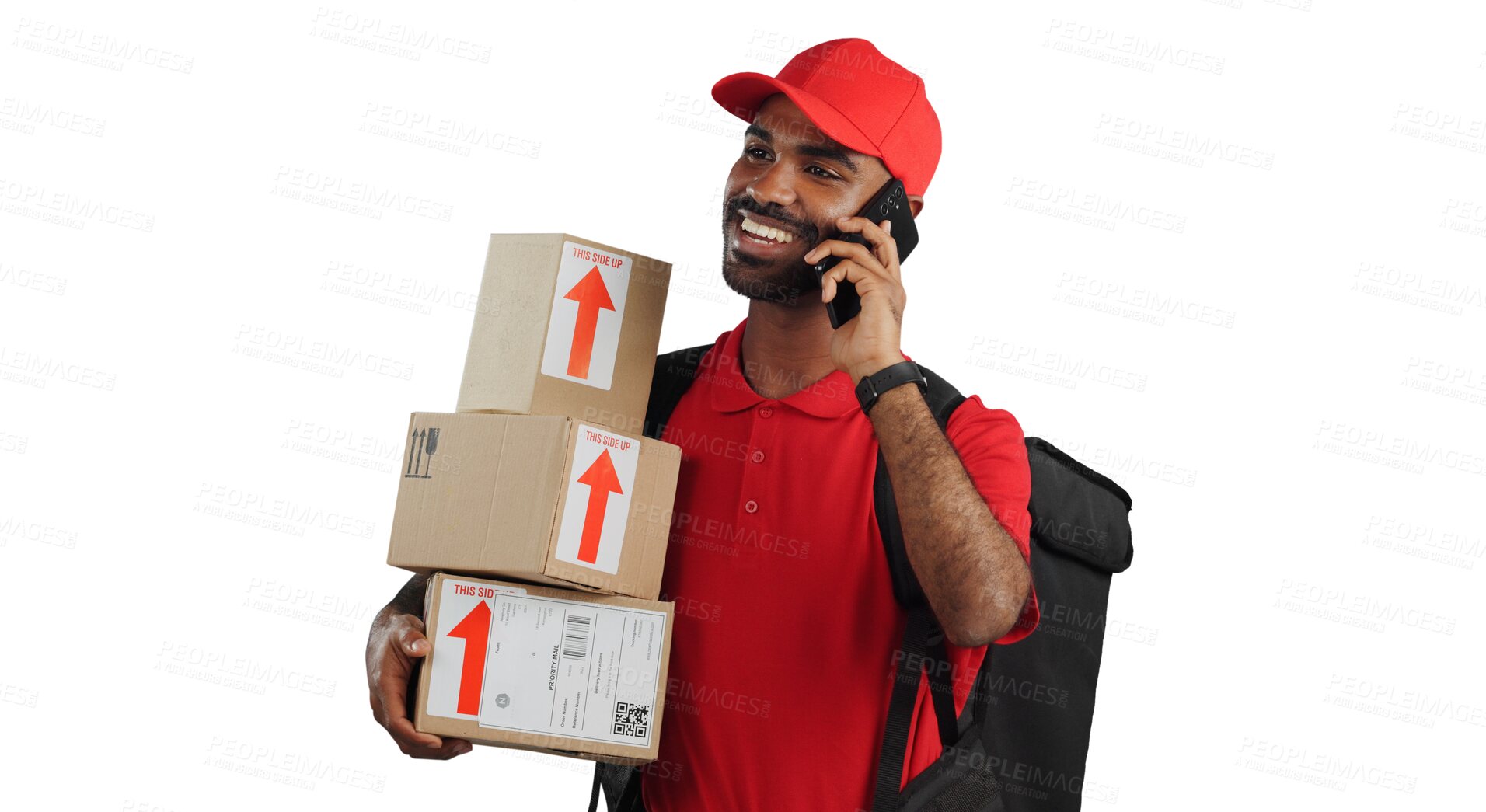 Buy stock photo Happy man, phone call and delivery with box in logistics for discussion on a transparent PNG background. Male person or courier guy talking on mobile smartphone for parcel, package or online order