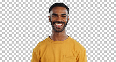 Buy stock photo Happy, fashion and portrait of black man with smile on isolated, PNG and transparent background. Humor, funny joke and face of person in trendy clothes with confidence, pride and positive attitude