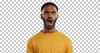 Buy stock photo Shock, surprise and portrait of black man with gossip, news and information on transparent background. PNG, isolated and face of person with omg, wtf and emoji facial expression for announcement