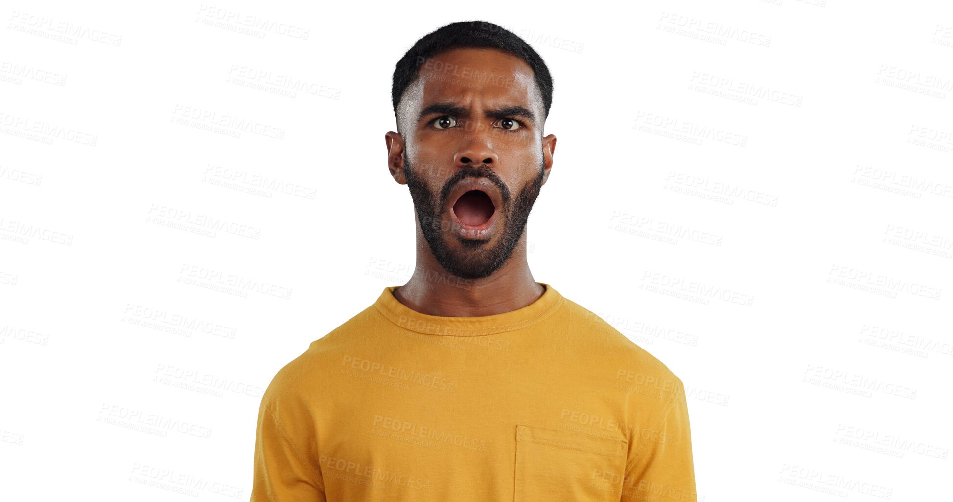 Buy stock photo Shock, surprise and portrait of black man with gossip, news and information on transparent background. PNG, isolated and face of person with omg, wtf and emoji facial expression for announcement