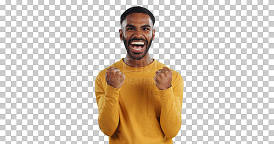 Buy stock photo Excited man, portrait and fist pump in celebration for winning or success isolated on a transparent PNG background. Male person with smile for good news, achievement or bonus promotion on lucky prize
