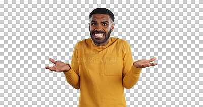 Buy stock photo Confused, doubt and portrait of man with don't know, gesture on isolated, png and transparent background. Why, questions and face of unsure person with hand gesture for oops, mistake and decision