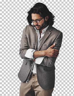 Buy stock photo Thinking, idea and business man with crossed arms on isolated, PNG and transparent background. Professional fashion, worker and person with thoughtful, wondering and remember vision for career