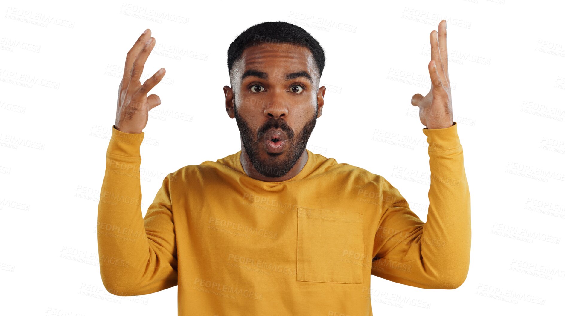 Buy stock photo Black man, what and announcement with shock from drama and news. Wow, secret and African male person with modern fashion and clothes with gossip info isolated on a transparent, png background