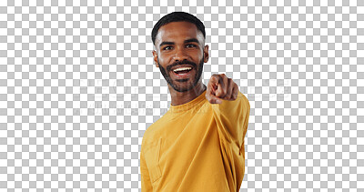 Buy stock photo African man, portrait and point at you for recruitment, choice and isolated by transparent png background. Excited person, hands and sign for decision, feedback or invitation with smile for promotion