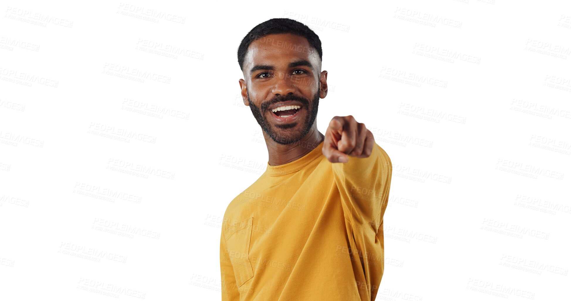 Buy stock photo African man, portrait and point at you for recruitment, choice and isolated by transparent png background. Excited person, hands and sign for decision, feedback or invitation with smile for promotion