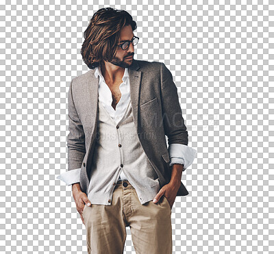 Buy stock photo Trendy, fashion and man in casual suit for creative business, confident and thinking. Relax, professional style and Indian businessman with glasses, clothes and isolated on transparent png background