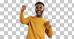 Wow, news and happy man in studio with winner, fist or celebration, dance or victory on blue background. Surprise, success or portrait of guy winner with energetic reaction to prize, giveaway or deal