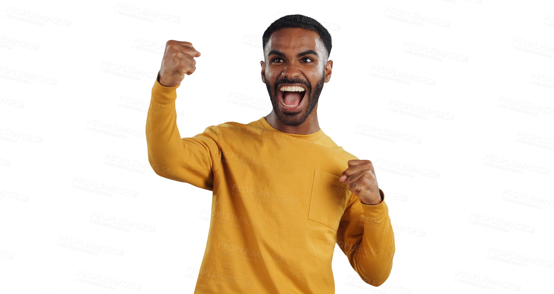 Buy stock photo Excited man, fist pump and wow in celebration for success or winning on a transparent PNG background. Happy, young male person with smile for good news, achievement or bonus promotion on lucky prize