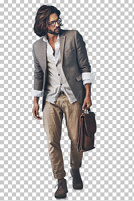 Buy stock photo Isolated man, leather bag and thinking with looking for vintage fashion with travel by transparent png background. Person, luggage and retro clothes with suit, glasses and remember in Istanbul