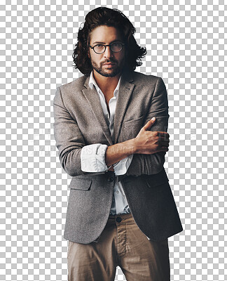 Buy stock photo Portrait, fashion and man in casual suit for creative business, confidence and glasses. Relax, professional style and Indian businessman with trendy clothes isolated on transparent png background.