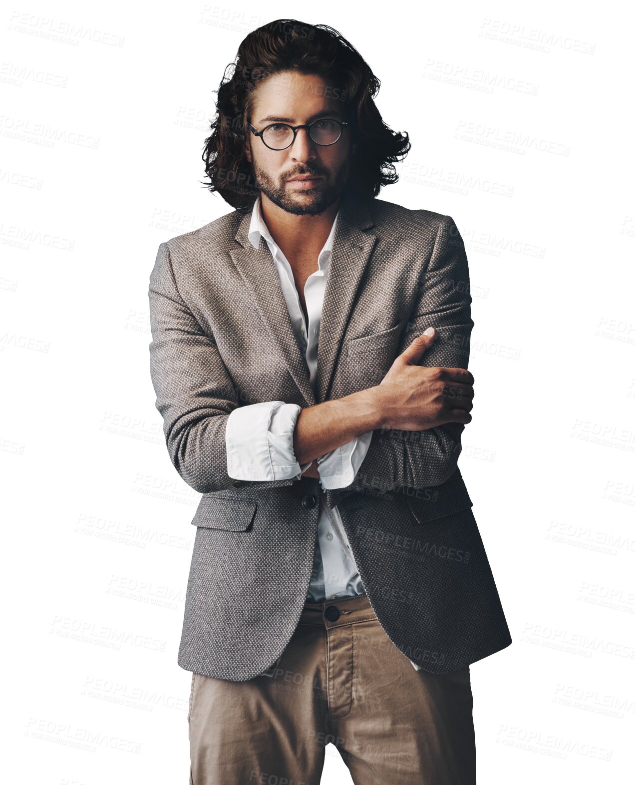 Buy stock photo Portrait, fashion and man in casual suit for creative business, confidence and glasses. Relax, professional style and Indian businessman with trendy clothes isolated on transparent png background.