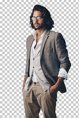 Buy stock photo Thinking, serious and business man with fashion on isolated, PNG and transparent background. Professional, confidence and person with thoughtful, wonder or inspiration expression in trendy style