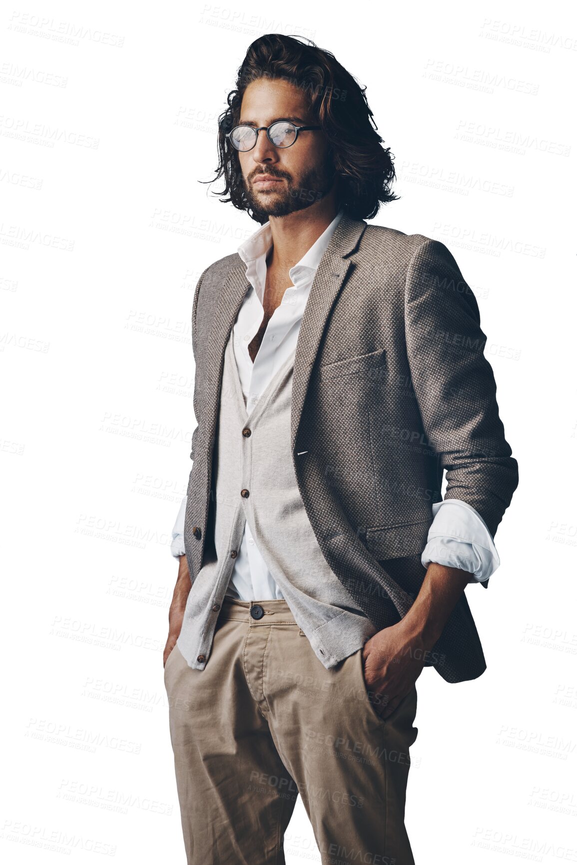 Buy stock photo Thinking, serious and business man with fashion on isolated, PNG and transparent background. Professional, confidence and person with thoughtful, wonder or inspiration expression in trendy style